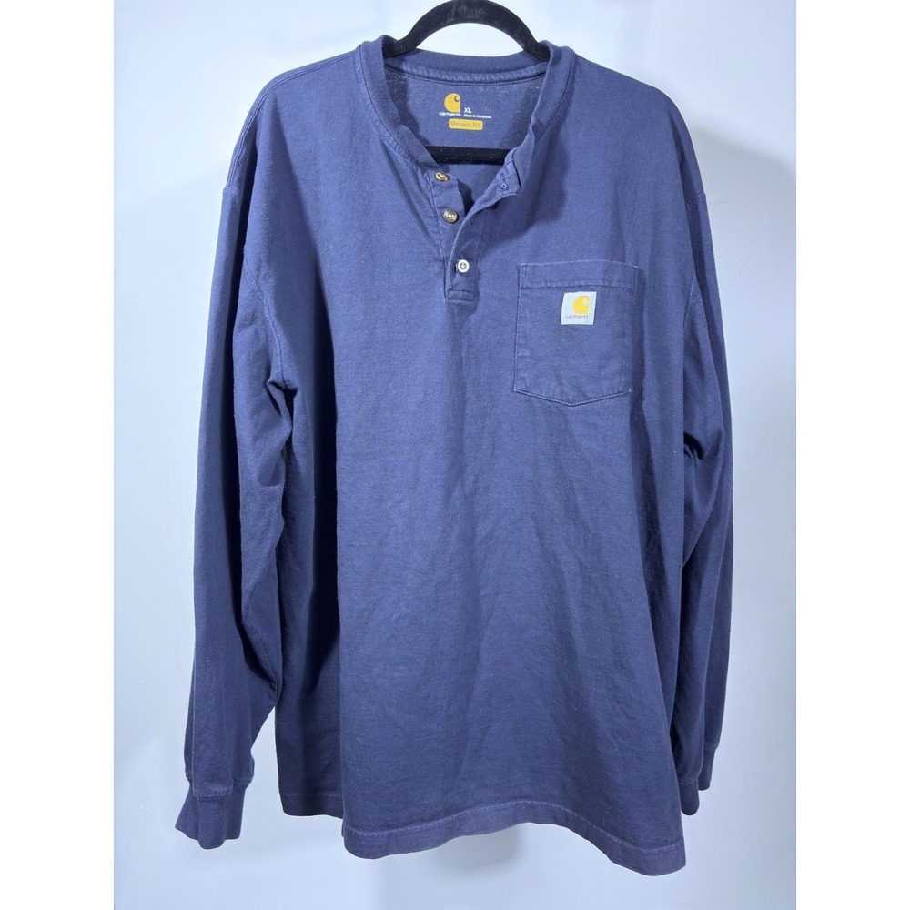 Carhartt Shirt Mens XL Blue Long Sleeve Henley Tee Shirt Workwear Cotton Classic